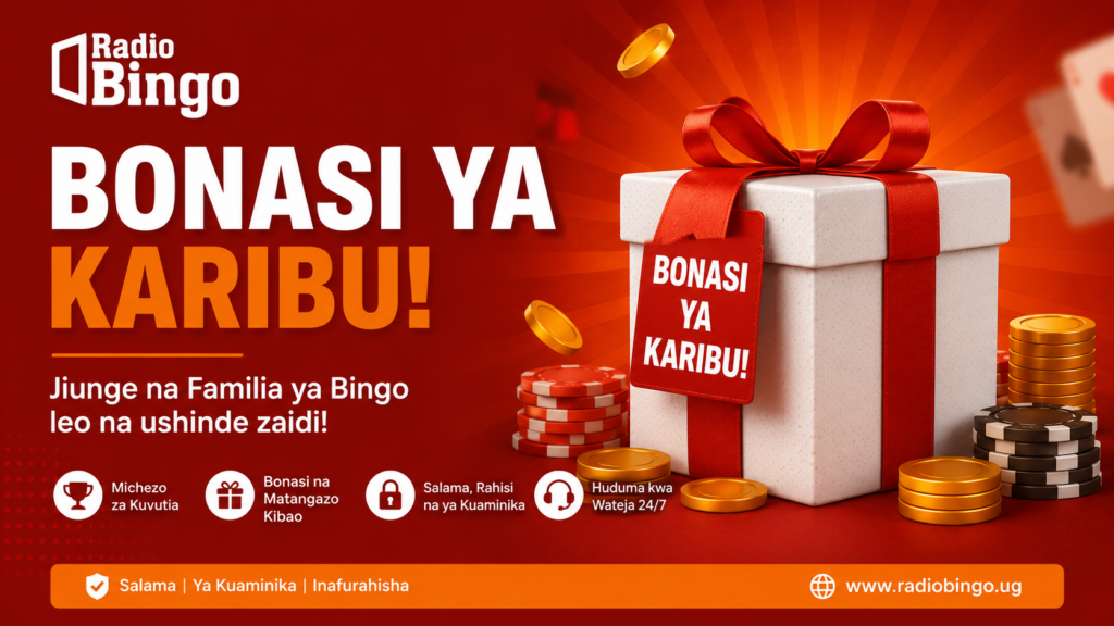 Promotional banner for Radio Bingo offering welcome bonuses, featuring a gift box, coins, and bold white and orange text.